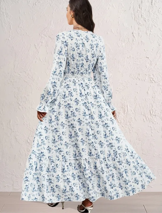 Clearance Women's Formal Dress Floral Ruffle V Neck Long Dress Maxi Dress Elegant Stylish Daily Long Sleeve Fall Women Spring Dresses