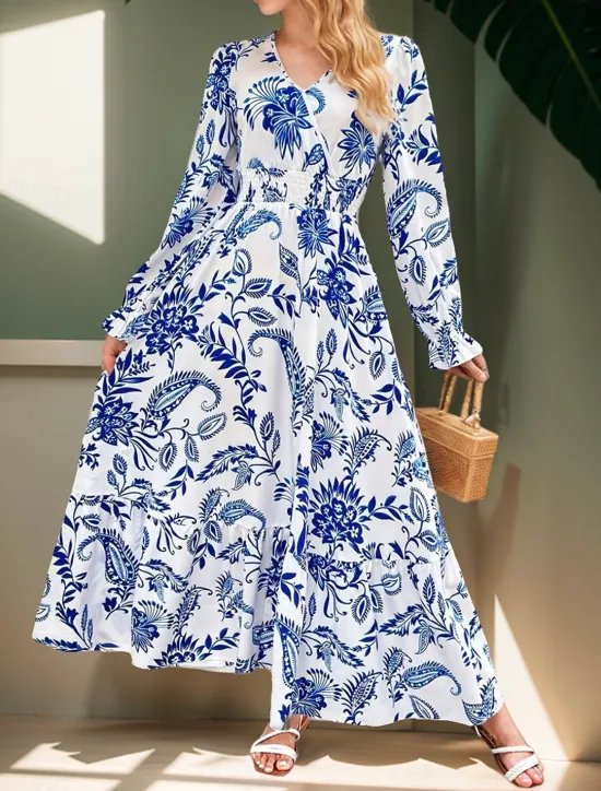 Clearance Women's Formal Dress Floral Ruffle V Neck Long Dress Maxi Dress Elegant Stylish Daily Long Sleeve Fall Women Spring Dresses