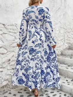 Clearance Women's Formal Dress Floral Ruffle V Neck Long Dress Maxi Dress Elegant Stylish Daily Long Sleeve Fall Women Spring Dresses