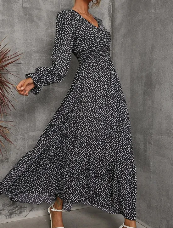 Clearance Women's Formal Dress Floral Ruffle V Neck Long Dress Maxi Dress Elegant Stylish Daily Long Sleeve Fall Women Spring Dresses