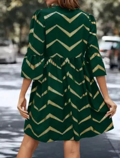Sale Women's Geometric Notched Neck Mini Dress 3/4 Length Sleeve Summer Spring Women Work Dresses