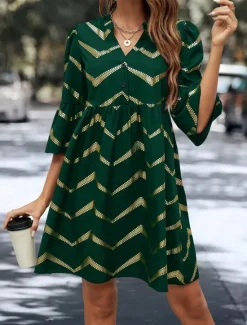 Sale Women's Geometric Notched Neck Mini Dress 3/4 Length Sleeve Summer Spring Women Work Dresses