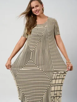 Outlet Women's Geometric Pleated Stripe Crew Neck Midi Dress Summer Spring Women Casual Dress