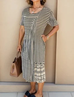 Outlet Women's Geometric Pleated Stripe Crew Neck Midi Dress Summer Spring Women Casual Dress