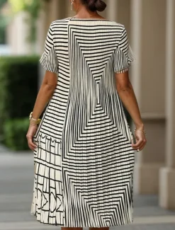 Outlet Women's Geometric Pleated Stripe Crew Neck Midi Dress Summer Spring Women Casual Dress
