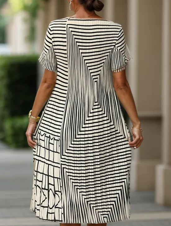 Outlet Women's Geometric Pleated Stripe Crew Neck Midi Dress Summer Spring Women Casual Dress