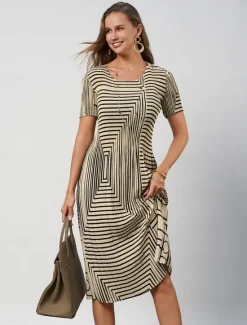 Outlet Women's Geometric Pleated Stripe Crew Neck Midi Dress Summer Spring Women Casual Dress
