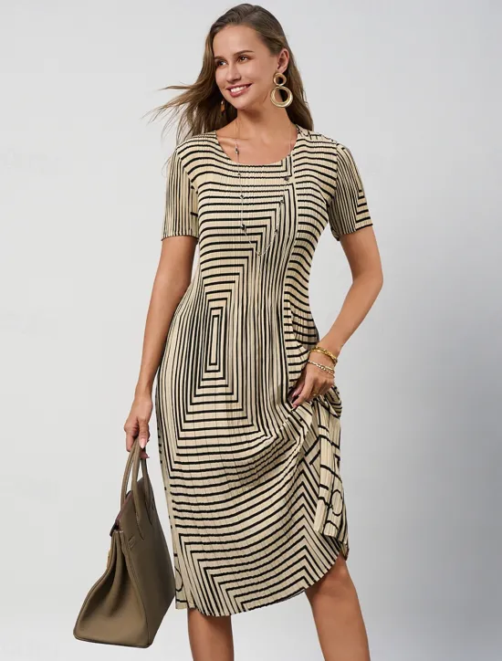 Outlet Women's Geometric Pleated Stripe Crew Neck Midi Dress Summer Spring Women Casual Dress