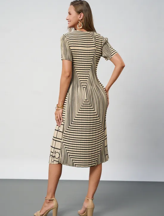 Outlet Women's Geometric Pleated Stripe Crew Neck Midi Dress Summer Spring Women Casual Dress