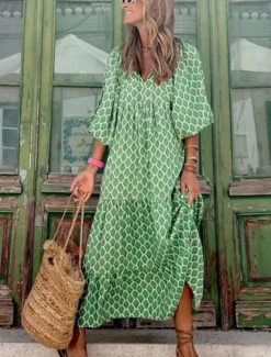 Clearance Women's Geometric Print V Neck Lantern Sleeve Maxi Dress Casual Daily Vacation 3/4 Length Sleeve Summer Spring Women Vacation Dresses