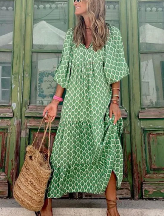 Clearance Women's Geometric Print V Neck Lantern Sleeve Maxi Dress Casual Daily Vacation 3/4 Length Sleeve Summer Spring Women Vacation Dresses