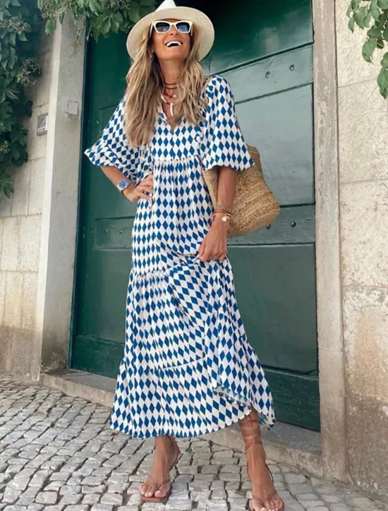 Clearance Women's Geometric Print V Neck Lantern Sleeve Maxi Dress Casual Daily Vacation 3/4 Length Sleeve Summer Spring Women Vacation Dresses