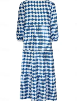Clearance Women's Geometric Print V Neck Lantern Sleeve Maxi Dress Casual Daily Vacation 3/4 Length Sleeve Summer Spring Women Vacation Dresses