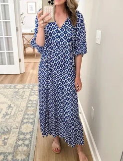 Clearance Women's Geometric Print V Neck Lantern Sleeve Maxi Dress Casual Daily Vacation 3/4 Length Sleeve Summer Spring Women Vacation Dresses
