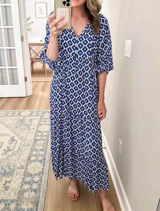 Clearance Women's Geometric Print V Neck Lantern Sleeve Maxi Dress Casual Daily Vacation 3/4 Length Sleeve Summer Spring Women Vacation Dresses