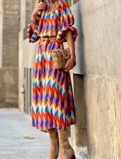 Discount Women's Geometric Stand Collar Maxi Dress Long Sleeve Summer Spring Women Spring Dresses|Casual Dress