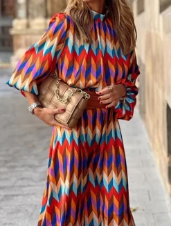 Discount Women's Geometric Stand Collar Maxi Dress Long Sleeve Summer Spring Women Spring Dresses|Casual Dress