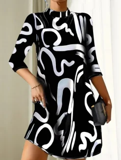 Best Women's Geometric Stand Collar Mini Dress 3/4 Length Sleeve Spring Fall Women Work Dresses