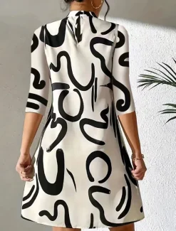 Best Women's Geometric Stand Collar Mini Dress 3/4 Length Sleeve Spring Fall Women Work Dresses