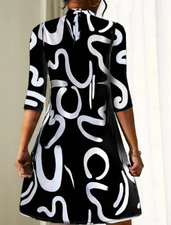 Best Women's Geometric Stand Collar Mini Dress 3/4 Length Sleeve Spring Fall Women Work Dresses