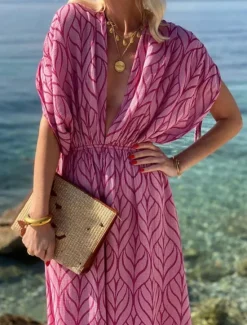 Women's Geometric V Neck Maxi Dress Half Sleeve Summer Spring Women Vacation Dresses