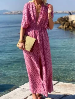 Women's Geometric V Neck Maxi Dress Half Sleeve Summer Spring Women Vacation Dresses