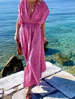 Women's Geometric V Neck Maxi Dress Half Sleeve Summer Spring Women Vacation Dresses
