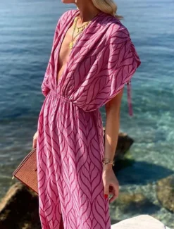 Women's Geometric V Neck Maxi Dress Half Sleeve Summer Spring Women Vacation Dresses