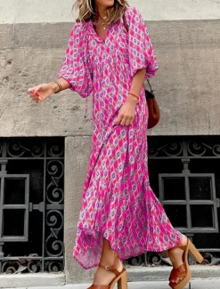 Clearance Women's Geometric V Neck Maxi Dress 3/4 Length Sleeve Summer Spring Women Floral Dresses