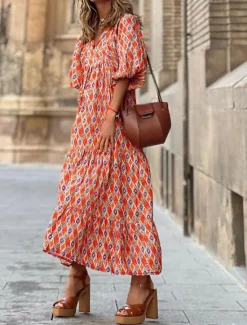 Clearance Women's Geometric V Neck Maxi Dress 3/4 Length Sleeve Summer Spring Women Floral Dresses