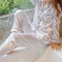 Best Women's Gift Pajamas Sets Home Party Daily Basic Pure Color Satin Simple Casual Soft Shirt Pant Fall Spring Summer Shirt Collar Long Sleeve Long Pant Buckle Pocket Home Outfits Women Pajama-Setter