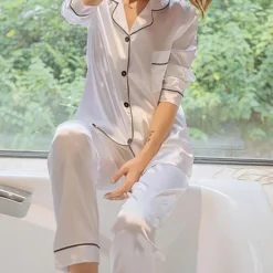 Best Women's Gift Pajamas Sets Home Party Daily Basic Pure Color Satin Simple Casual Soft Shirt Pant Fall Spring Summer Shirt Collar Long Sleeve Long Pant Buckle Pocket Home Outfits Women Pajama-Setter