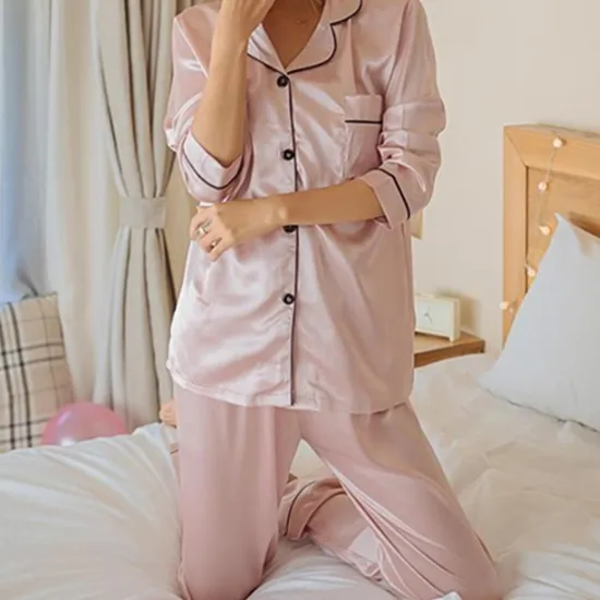 Best Women's Gift Pajamas Sets Home Party Daily Basic Pure Color Satin Simple Casual Soft Shirt Pant Fall Spring Summer Shirt Collar Long Sleeve Long Pant Buckle Pocket Home Outfits Women Pajama-Setter