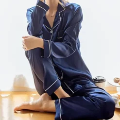 Best Women's Gift Pajamas Sets Home Party Daily Basic Pure Color Satin Simple Casual Soft Shirt Pant Fall Spring Summer Shirt Collar Long Sleeve Long Pant Buckle Pocket Home Outfits Women Pajama-Setter