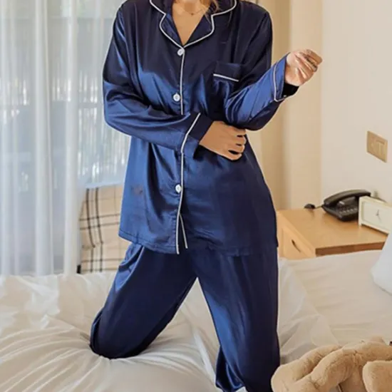 Best Women's Gift Pajamas Sets Home Party Daily Basic Pure Color Satin Simple Casual Soft Shirt Pant Fall Spring Summer Shirt Collar Long Sleeve Long Pant Buckle Pocket Home Outfits Women Pajama-Setter