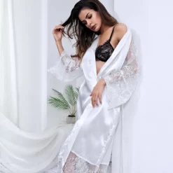 Outlet Women's Gift Robes Gown Pajamas Bathrobes Home Party Wedding Party Lace Patchwork Pure Color Spandex Simple Casual Soft Fall Winter Long Sleeve Lace Up Belt Included Home Outfits Women Pajama-Setter