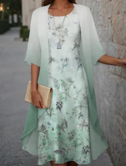 New Women's Graduation Dress Midi Dress Wedding Guest Cocktail Dress Chiffon Holiday Fashion Modern Print Casual Elegant Two Piece Dress Set Crew Neck Half Sleeve Floral Loose Fit Pink Spring Women Chiffon Dresses