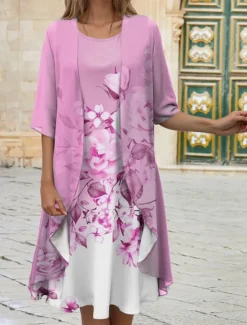 Clearance Women's Graduation Dress Midi Dress Wedding Guest Cocktail Dress Chiffon Date Casual Elegant Two Piece Dress Set Spring Crew Neck Half Sleeve Floral Loose Fit Pink Blue Purple Women Chiffon Dresses