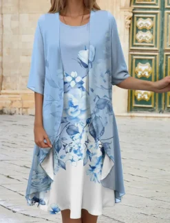 Clearance Women's Graduation Dress Midi Dress Wedding Guest Cocktail Dress Chiffon Date Casual Elegant Two Piece Dress Set Spring Crew Neck Half Sleeve Floral Loose Fit Pink Blue Purple Women Chiffon Dresses