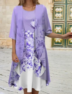 Clearance Women's Graduation Dress Midi Dress Wedding Guest Cocktail Dress Chiffon Date Casual Elegant Two Piece Dress Set Spring Crew Neck Half Sleeve Floral Loose Fit Pink Blue Purple Women Chiffon Dresses