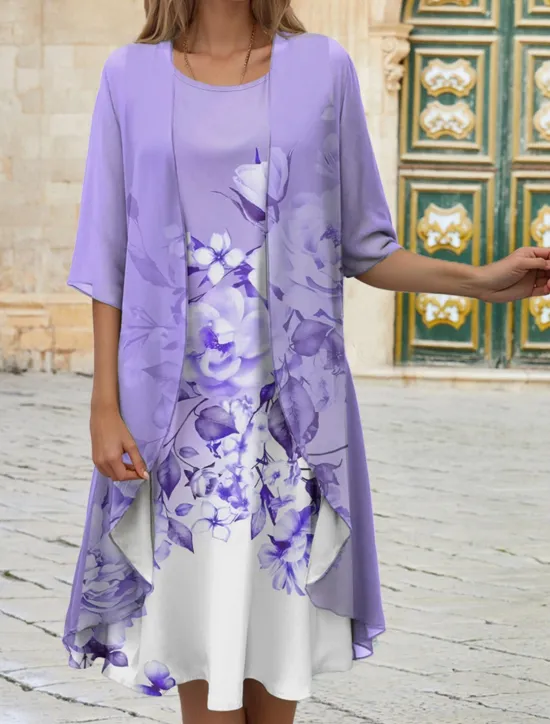 Clearance Women's Graduation Dress Midi Dress Wedding Guest Cocktail Dress Chiffon Date Casual Elegant Two Piece Dress Set Spring Crew Neck Half Sleeve Floral Loose Fit Pink Blue Purple Women Chiffon Dresses