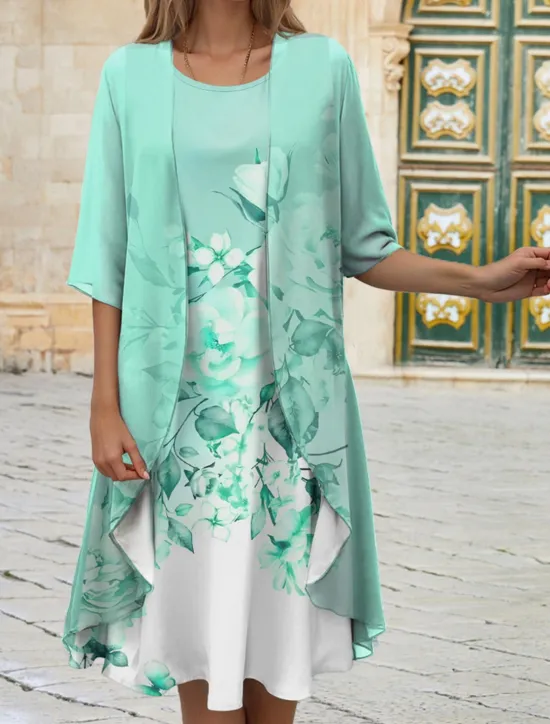 Clearance Women's Graduation Dress Midi Dress Wedding Guest Cocktail Dress Chiffon Date Casual Elegant Two Piece Dress Set Spring Crew Neck Half Sleeve Floral Loose Fit Pink Blue Purple Women Chiffon Dresses