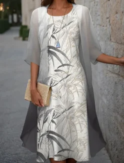 Clearance Women's Graduation Dress Midi Dress Two Piece Dress Set Wedding Guest Cocktail Dress Chiffon Outdoor Holiday Fashion Modern Print Casual Elegant Spring Crew Neck Half Sleeve Leaf Blue Green Gray Women Chiffon Dresses