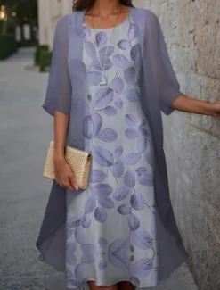 Hot Women's Graduation Dress Midi Dress Two Piece Dress Set Wedding Guest Cocktail Dress Floral Chiffon Casual Fashion Elegant Modern Print Spring Crew Neck Half Sleeve Loose Fit Pink Blue Purple Women Chiffon Dresses