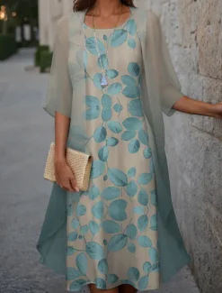Hot Women's Graduation Dress Midi Dress Two Piece Dress Set Wedding Guest Cocktail Dress Floral Chiffon Casual Fashion Elegant Modern Print Spring Crew Neck Half Sleeve Loose Fit Pink Blue Purple Women Chiffon Dresses