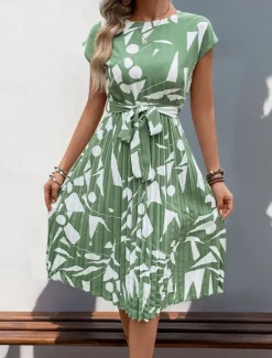 Sale Women's Graphic Crew Neck Maxi Dress Short Sleeve Summer Spring Women Work Dresses