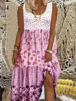 Online Women's Graphic Print Crew Neck Midi Dress Bohemia Casual Home Date Sleeveless Summer Women Casual Dress