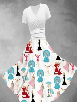 Best Women's Graphic Print V Neck Midi Dress Vintage Home Daily Short Sleeve Summer Women Cocktail Dress