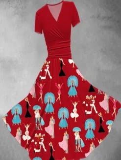Best Women's Graphic Print V Neck Midi Dress Vintage Home Daily Short Sleeve Summer Women Cocktail Dress