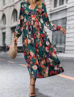 Online Women's Graphic Print V Neck Long Dress Maxi Dress Long Sleeve Spring Fall Women Spring Dresses